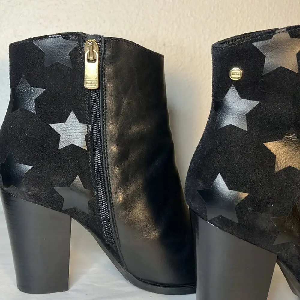 Black Tommy Hilfiger Lopez Stacked Heel Ankle Boots women's shoe star leather‎